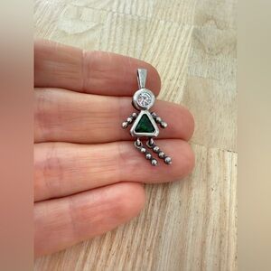 Vintage 925 sterling silver green May birthstone stick figure girl